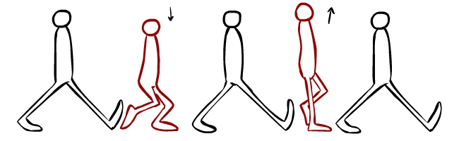 How you choose to draw in the breakdown can make or break your walk cycle. Here are two basic options, going down and going up in the middle.